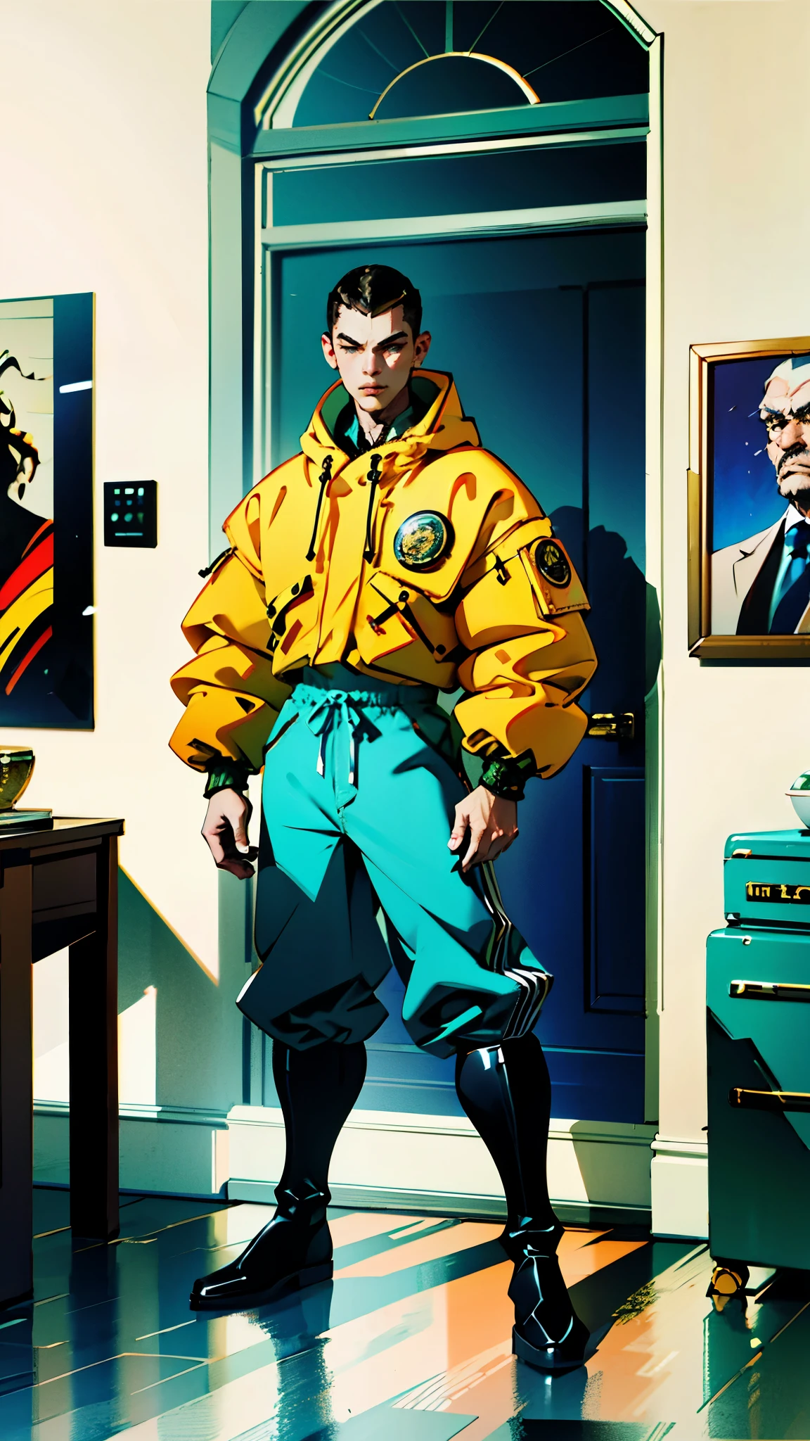 In the backdrop of an ancient fantasy-reality setting, a youth sporting a platinum crew cut displays a piercing gaze and confident demeanor. Adorned in a two-piece fusion outfit, seamlessly blending Western and Eastern influences, he wears a snug dark top paired with a vibrant yellow-blue short jacket. The lower half features loose white utility pants, and his sturdy long boots echo through the corridors of an antiquated architectural landscape. The overall aesthetic captures the essence of a refined and mature anime-inspired rogue, symmetrical face, extremely detailed eyes and face, high quality eyes, high definition, highres, ultra-fine painting, exquisite and mature, extremely delicate, professional, anatomically correct, creativity, UHD, HDR, 32k, Natural light, cinematic lighting, best shadow, masterpiece-anatomy-perfect, best quality, masterpiece, ultra-detailed