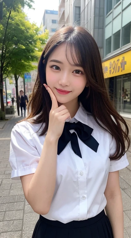 table top, highest quality, figure, super detailed, finely, High resolution, 8k wallpaper, 完璧なダイナミックな構figure, beautiful and fine eyes, uniform,medium hair, natural color lip, random pose,smile,Aoyama Street Walk、20 year old girl,positive, medium shot