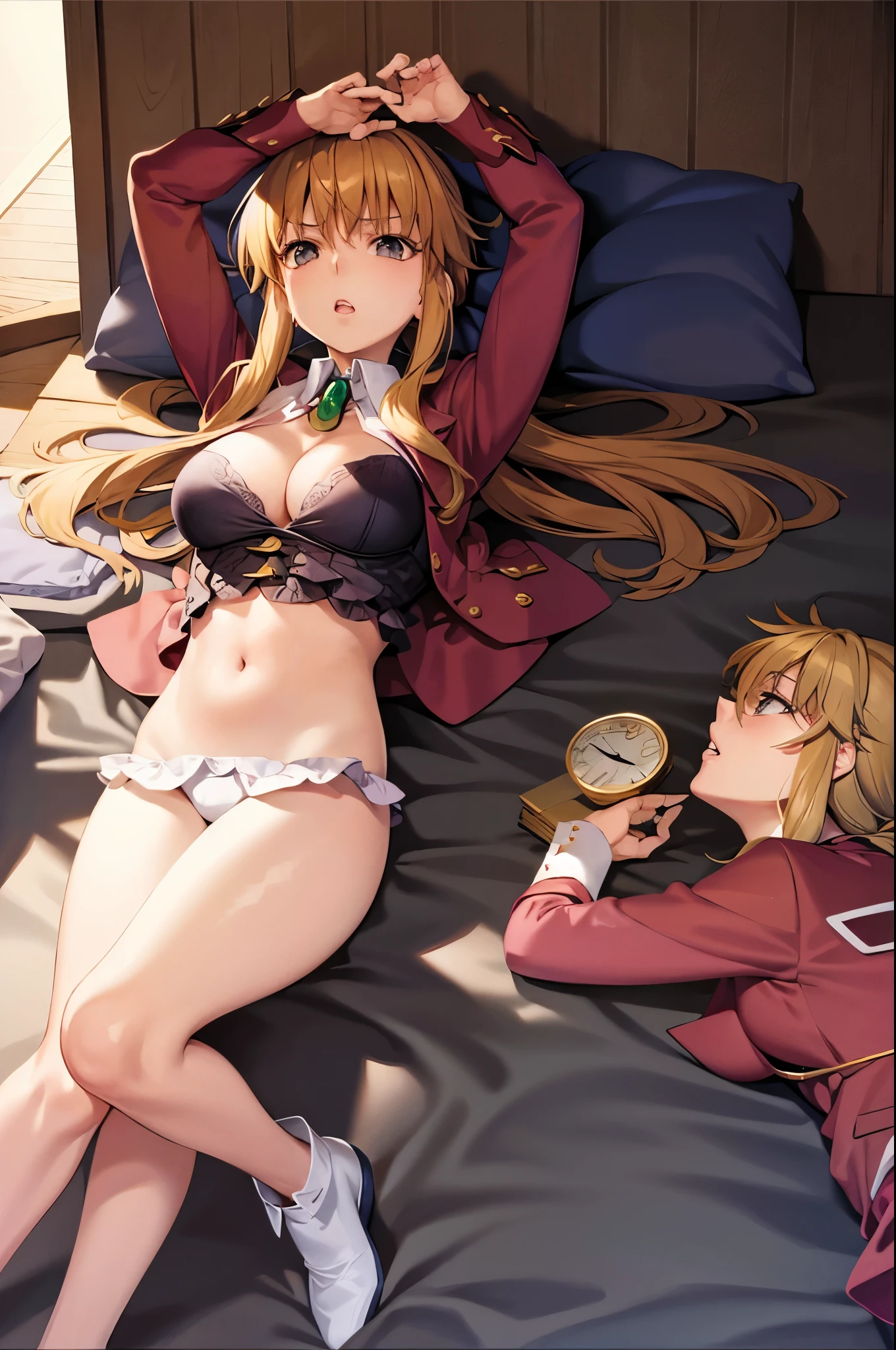 ange ushiromiya, bra cleavage, lying