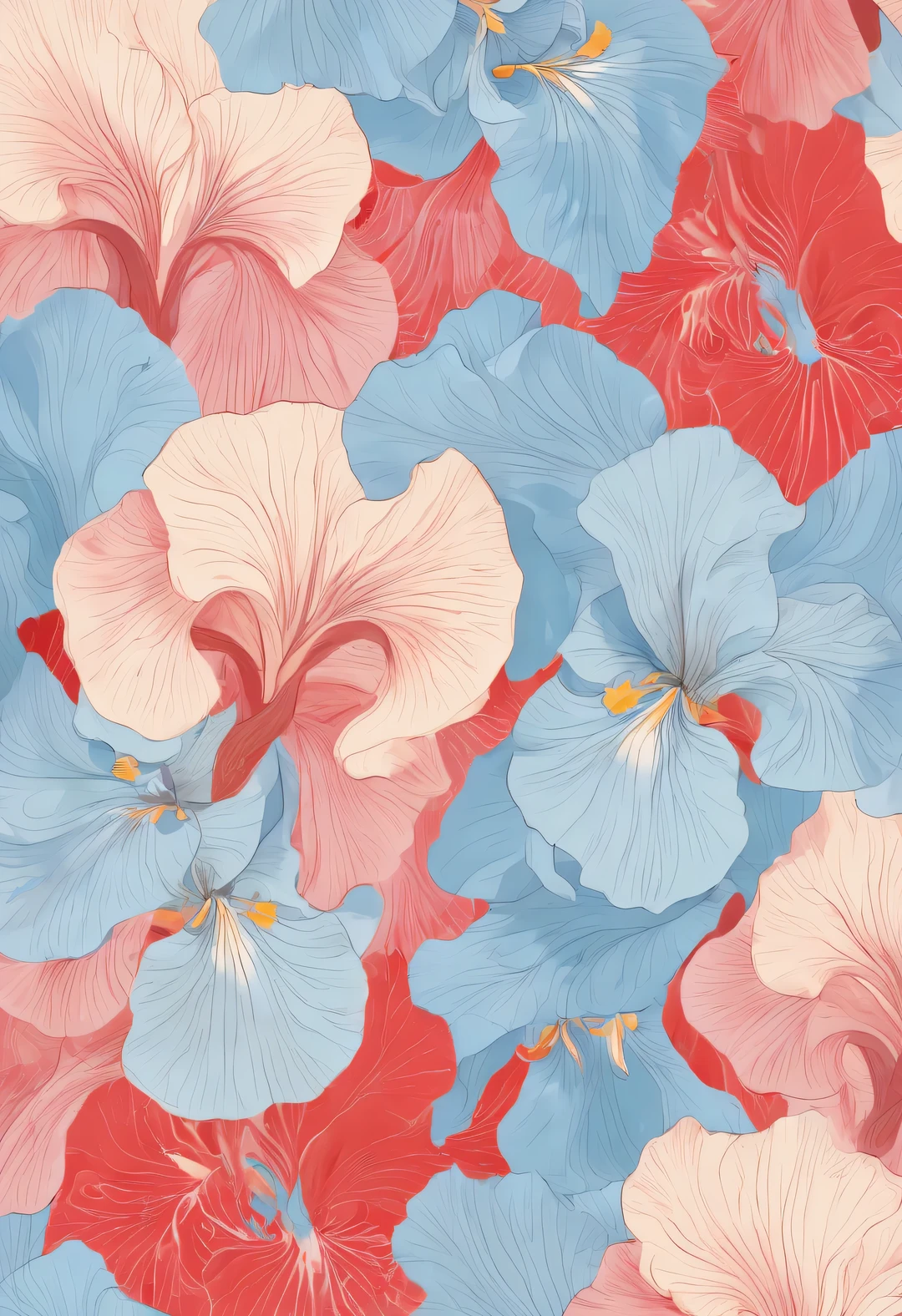 Created by Sydney illustrator Seth Daniels《beautiful iris flower》, Featuring light red and light blue styles, movie poster, Bold graphic design elements, close-up, and decorative arts