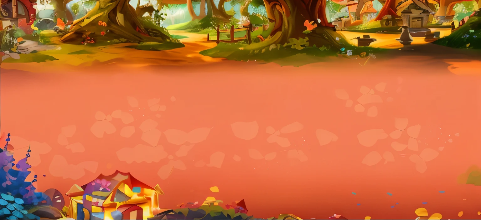 Cartoon scene of colorful forest，There are paths and red walls, background art, mobile Game background, background artwork, Game background, Magic battlefield background, elf forest background, Magic battlefield background, Fairy tale style background, 2D game art background, Epic background, splash screen art, Background image, arena background, 2d Game background, videoGame background