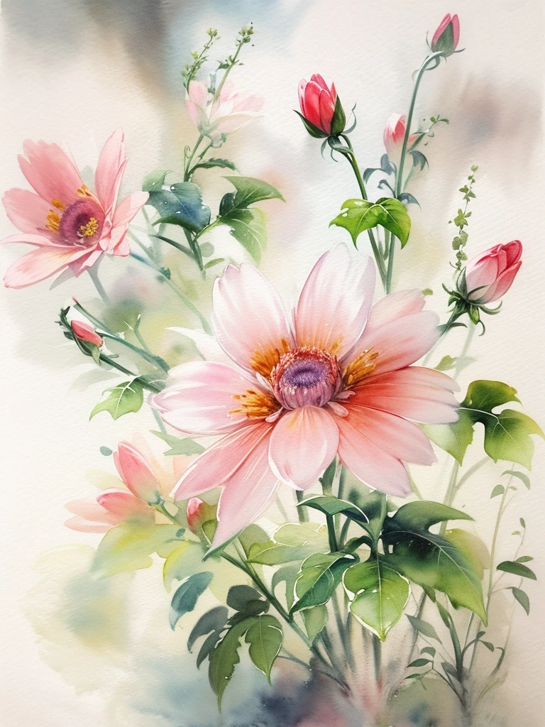 Chinese watercolor paintings focus on the beauty and characteristics of flowers,Using traditional Chinese watercolor style,Capture the elegance and subtlety of flowers,Composition includes various flowers,Each flower is presented with the delicate brushstrokes and soft colors typical of Chinese watercolor art。The arrangement of flowers should be beautiful and beautiful,Demonstrate their individual beauty and the overall balance of the composition。The background should be minimalist,Make flowers the centerpiece of your artwork, (floral watercolor painting:1.5)