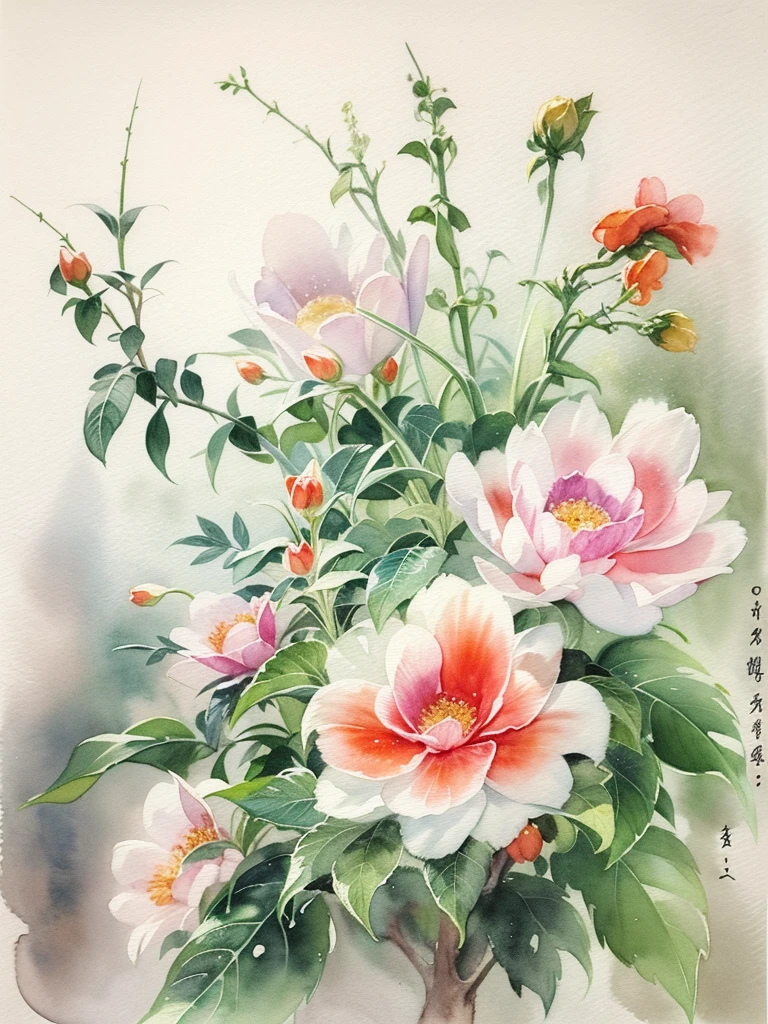 Chinese watercolor paintings focus on the beauty and characteristics of flowers,Using traditional Chinese watercolor style,Capture the elegance and subtlety of flowers,Composition includes various flowers,Each flower is presented with the delicate brushstrokes and soft colors typical of Chinese watercolor art。The arrangement of flowers should be beautiful and beautiful,Demonstrate their individual beauty and the overall balance of the composition。The background should be minimalist,Make flowers the centerpiece of your artwork, (floral watercolor painting:1.5)