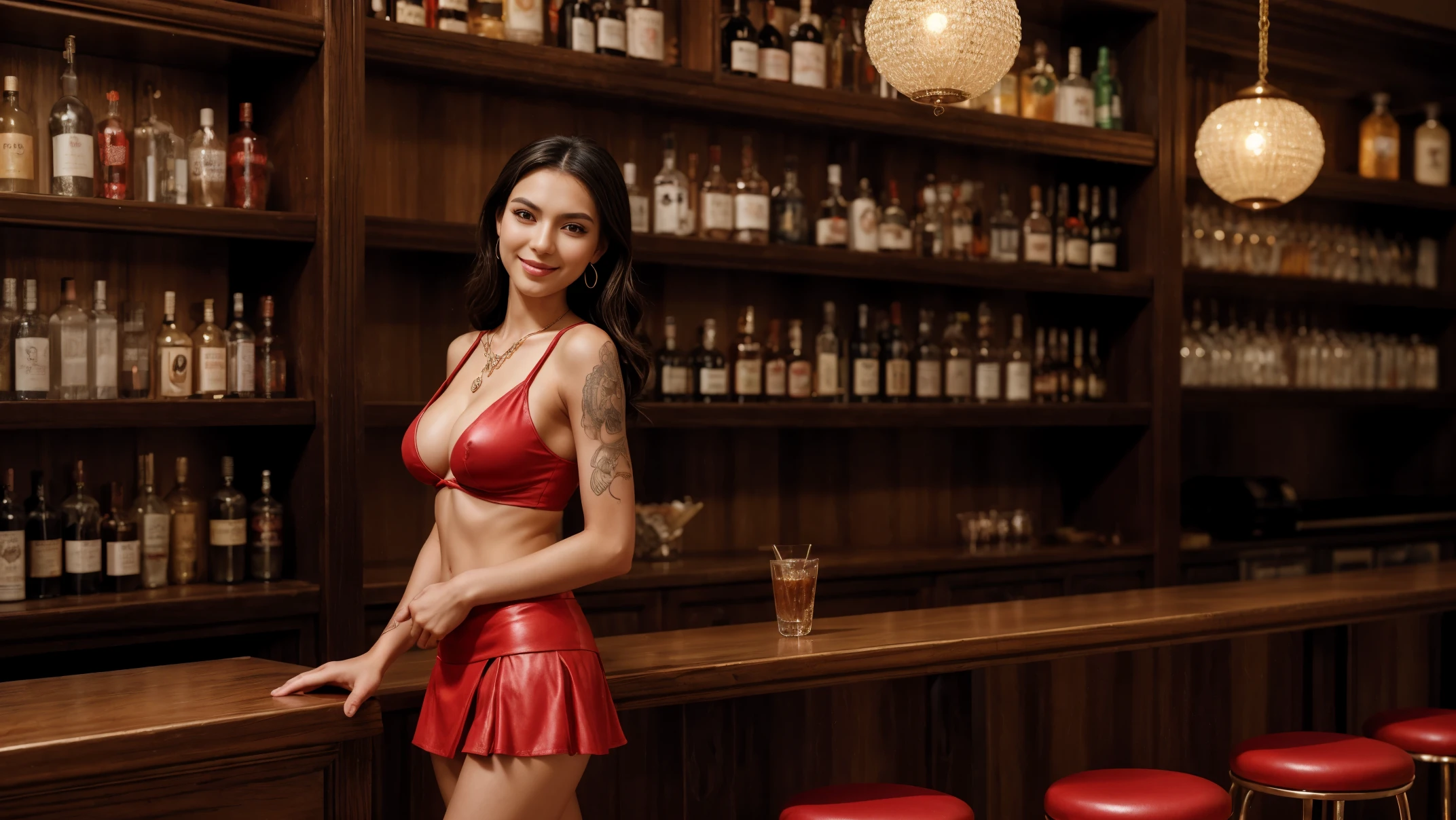 ((a happy girl (stand:1.2) ((alone:2)) by the bar)),((full-body:1.8, cinematic-shot)),(best quality,4k,8k,highres,masterpiece:1.2),ultra-detailed,(realistic,photorealistic,photo-realistic:1.37),(beautiful and aesthetic:1.2),(film grain:1.3). 

[(1girl),(solo),((1 person)),(17years-old:1.4),[Raiana-Elizabeth-Dilla],pearl skin,(skin pores:1.1),beautiful detailed eyes,beautiful detailed lips,extremely detailed eyes,longeyelashes,extremely detailed face and skin texture,(skin texture:1.1),black hair,tall and slender body,(192cm tall),thin and delicate figure,graceful posture,defined abs,perfect curves,feminine appearance,((beautiful long legs:1.2)),embodying elegance and beauty,(cleavage breasts),((large breasts:1.6)),(shiny skin),((sharp focus:1.5)),clear eyes]. 

[(wearing a sexy ((red) tops:1.4) with ((red) ultra-short miniskirt:1.5)), extremely detailed and realistic (red) clothes, (earringeathers:1.5), (necklace:1.5), (business fashion style:1.4), (looking at viewer:1.8),delicate attitude, fun gaze, joyful expression, (full smile), tattoos].

[bar counter made of polished wood,glass shelves filled with colorful whiskey bottles,shimmering reflections on the bar surface,dark leather barstools,cosy and elegant ambiance,].

Official art,warm color palette, atmospheric lighting,angelic ethereal beauty,award-winning photography,professional photography,depth-of-field,bokeh.