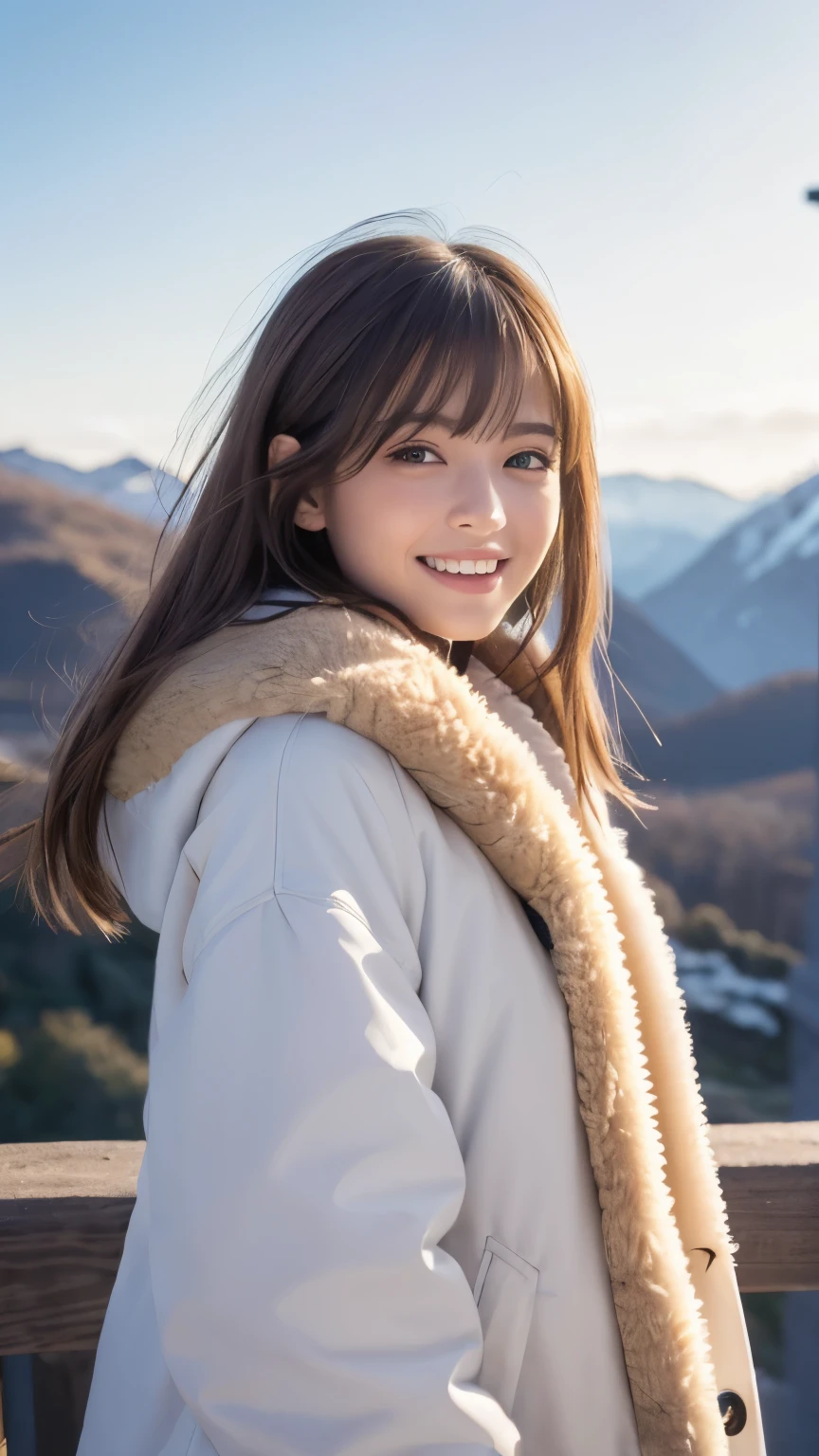 "(best quality,4k,8k,highres,masterpiece:1.2),ultra-detailed,(realistic,photorealistic,photo-realistic:1.37),portrait,landscape,girl,alone,smiling,yellow eyes,simple background,fur trim,open mouth,blush,winter outfit,white coat,long sleeves, Long hair,bangs,swept bangs,white teeth,warm colors,natural lighting"