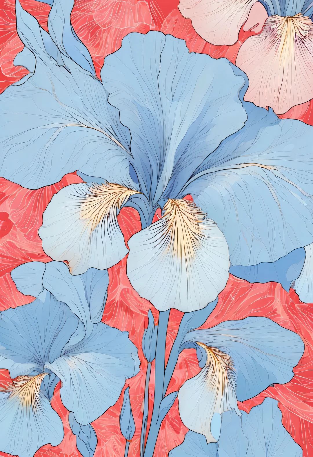 beautiful iris flower, The contour is sharp, Works by Sydney illustrator Seth Daniels, Light red and light blue styles, movie poster, Bold graphic design elements, close up, Decorative Arts