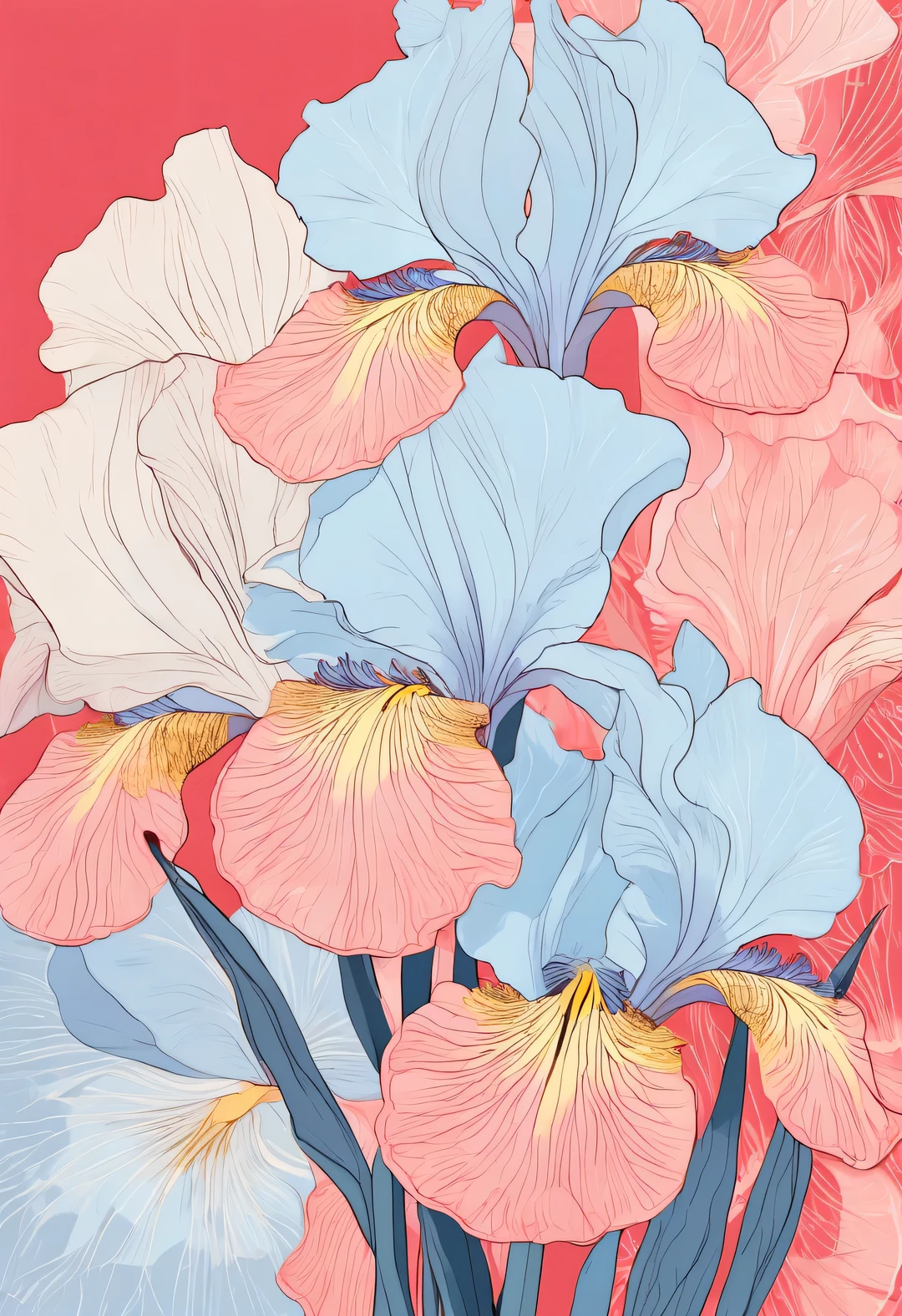 beautiful iris flower, The contour is sharp, Works by Sydney illustrator Seth Daniels, Light red and light blue styles, movie poster, Bold graphic design elements, close up, Decorative Arts