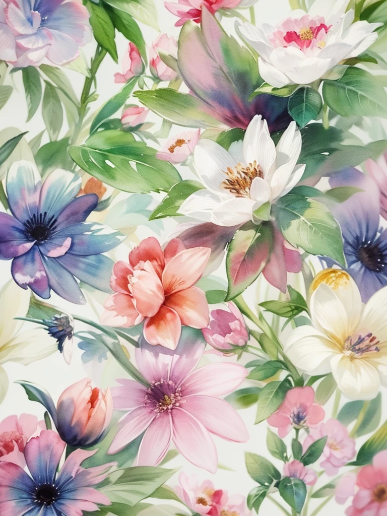 Chinese watercolor paintings focus on the beauty and characteristics of flowers,Using traditional Chinese watercolor style,Capture the elegance and subtlety of flowers,Composition includes various flowers,Each flower is presented with the delicate brushstrokes and soft colors typical of Chinese watercolor art。The arrangement of flowers should be beautiful and beautiful,Demonstrate their individual beauty and the overall balance of the composition。The background should be minimalist,Make flowers the centerpiece of your artwork, (floral watercolor painting:1.5)