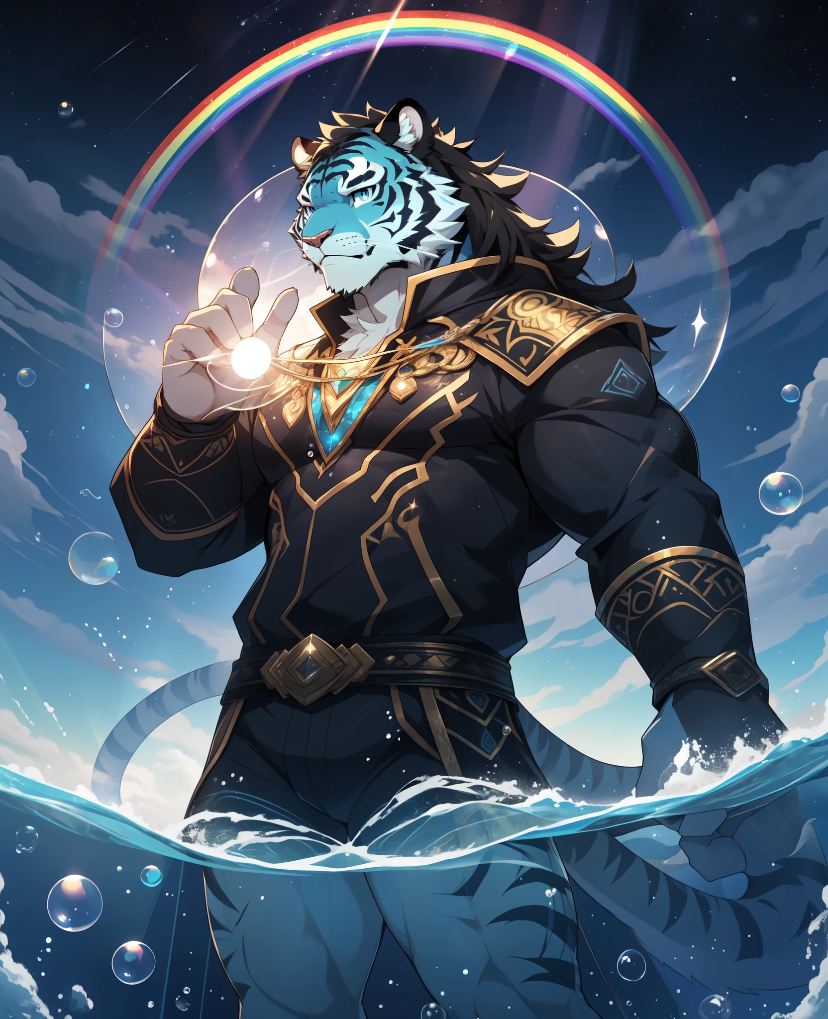 making、need、1 male、AS-Adult、tall muscular man、dark theme、magic circle、bubble、rainbow sunshine、under water、Reflector、floating glass pieces、rainbow light、bubble旋转、wind vortex、aurora、fantastic scenery, Starlight around the character, (upper part of body),Tigre,black hair,blue eyes,Elevation perspective