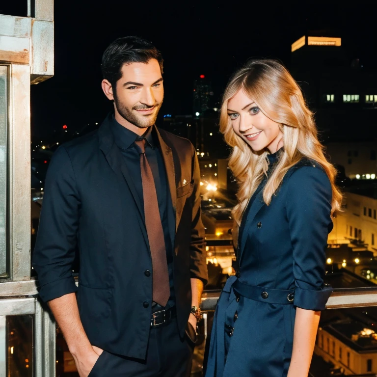 Tom Ellis and Taylor Momsen looking at eachother smiling calmly as they stand at the top of a rooftop building restaurant in Los Angeles at night, as they look into each others eyes laying on the rooftop railing