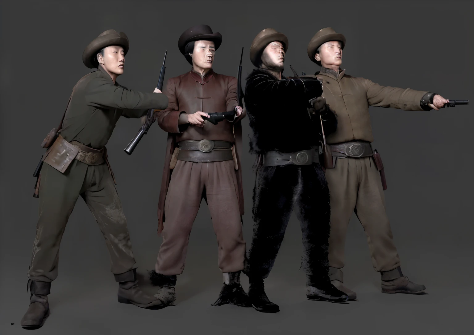 Four Chinese style male bandits from the last century each held a pistol and pointed towards a target. The male characteristics were obvious, with a big scene, jumping up and holding a gun in hand. The scene was intense, with strong momentum and a sense of visuals. The atmosphere of the movie was realistic, with realistic pleats,