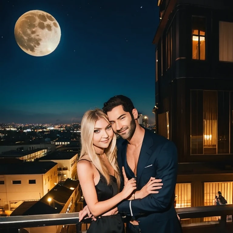 Tom Ellis and Taylor Momsen looking at eachother smiling calmly as they stand at the top of a rooftop building restaurant in Los Angeles at night, with the moon showing, as they look into each others eyes laying on the rooftop railing