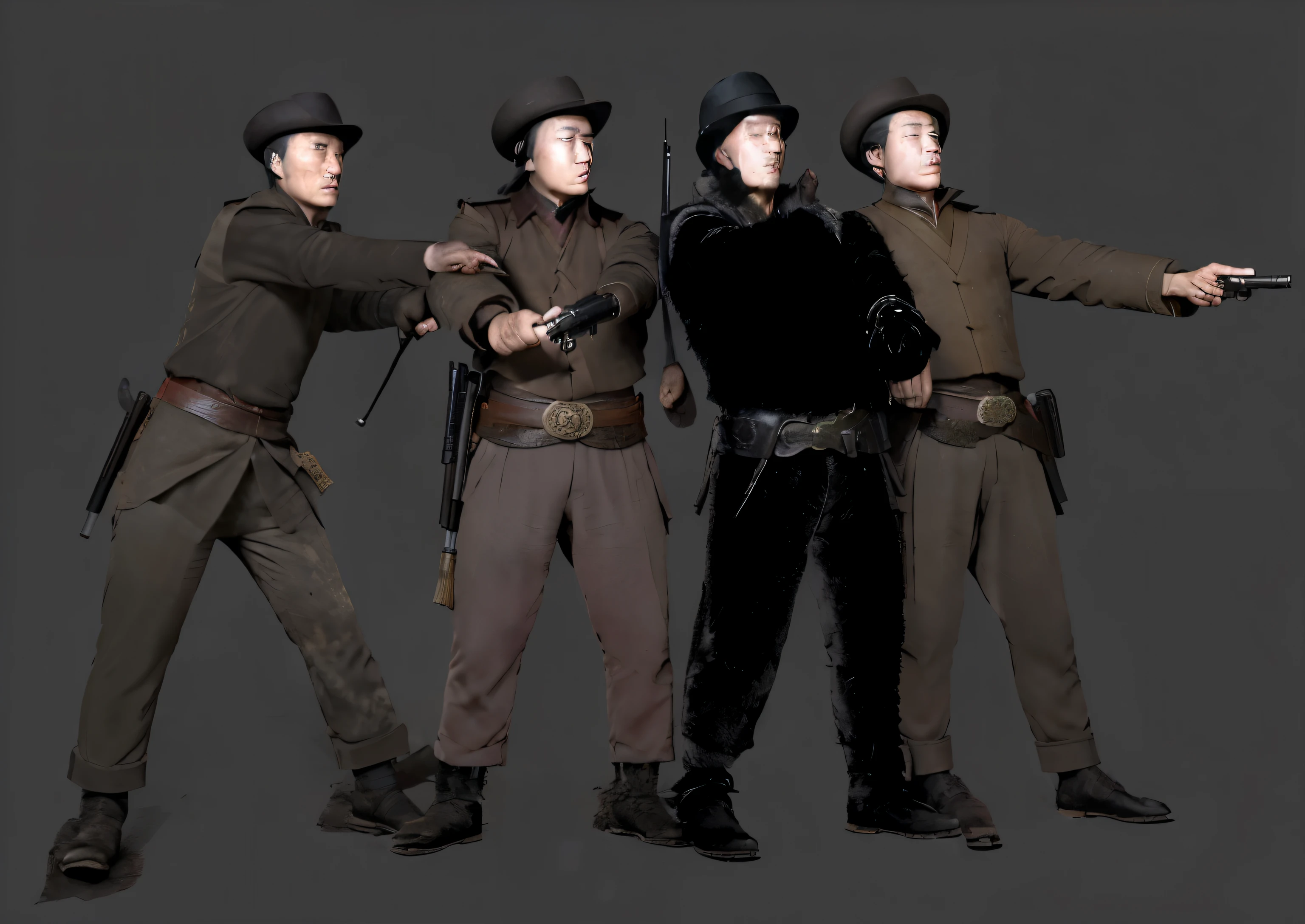 Four male gangsters in the Chinese style of the last century each pointed their pistols at the target. Male characteristics are distinct, The scene is big, jump up,gun in hand. The scene is very intense, With strong momentum and visual sense. The atmosphere of the movie is very realistic, With realistic pleats,