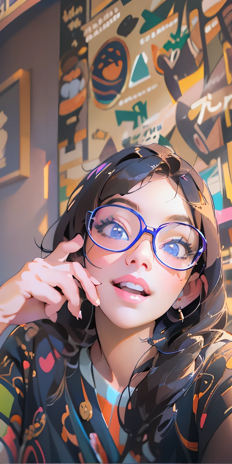 Anime girl with glasses sitting at restaurant table, Lofi portrait, kawaii realistic portrait, lofi girl, guweiz style artwork, Anime visual of a cute girl, high quality portraits, Cute nerdy smile, Realistic anime 3D style, Lofi art style, Drawing in animation artist studio, Anime cute art style, Kitagawa Marin fan art