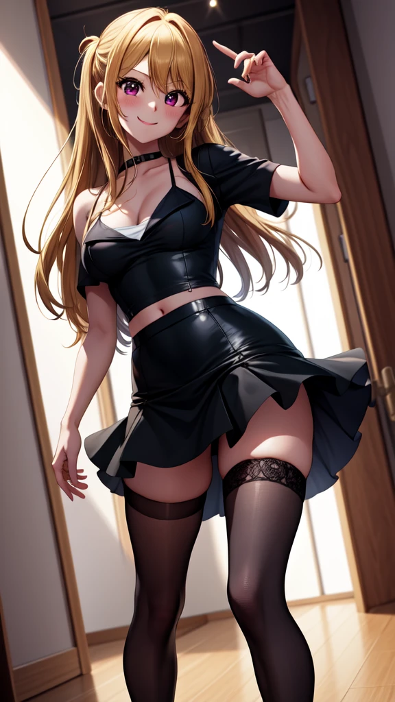 anime, beautiful face, highly detailed face, 2 accurate legs detailed eyes, highly detailed background, perfect lighting, beautiful blonde hair, accurate arms, accurate hands, accurate fingers, full body, 1girl, solo, ruby hoshino, oshi no ko, indoors, detailed heels, black heels, detailed thighhighs, absurdres, high res, ultrasharp, 8K, masterpiece, looking over her shoulders, looking at viewer, teasing smile, elegant pose, clubbing, in a nightclub, nightclub outfit, pencil skirt, (be quiet gesture:1.2)