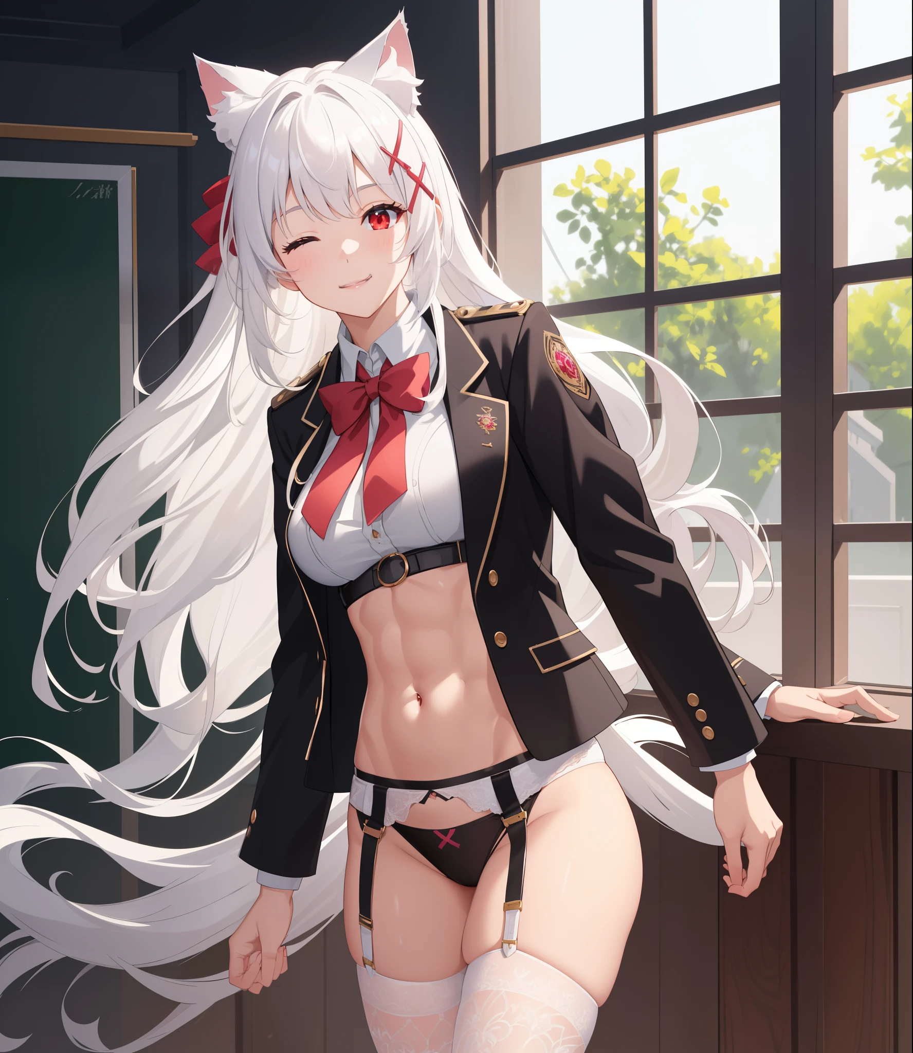 (extremely detailed CG unity 8k wallpaper), (((masterpiece))), (((best quality))), ((ultra-detailed)), (((illustration))), (best shadow), ((an extremely delicate and beautiful)), (detailed light), (well designed face), amazing face, (super detailed), cinematic shot, beautiful detailed eyes, detailed background, 1girl, ((white hair)), ((red eyes)), ((cat ears)), firts rate breasts, first rate female bodies, long hair, x hair ornament, school uniform, pink panties, ((midriff)), ((navel)), ((abs)), upper body, jacket, open jacket, interior design, classroom, spread navel, bewitching thighs, smile, one eye closed, hand on own chest, garter belt, stocking,