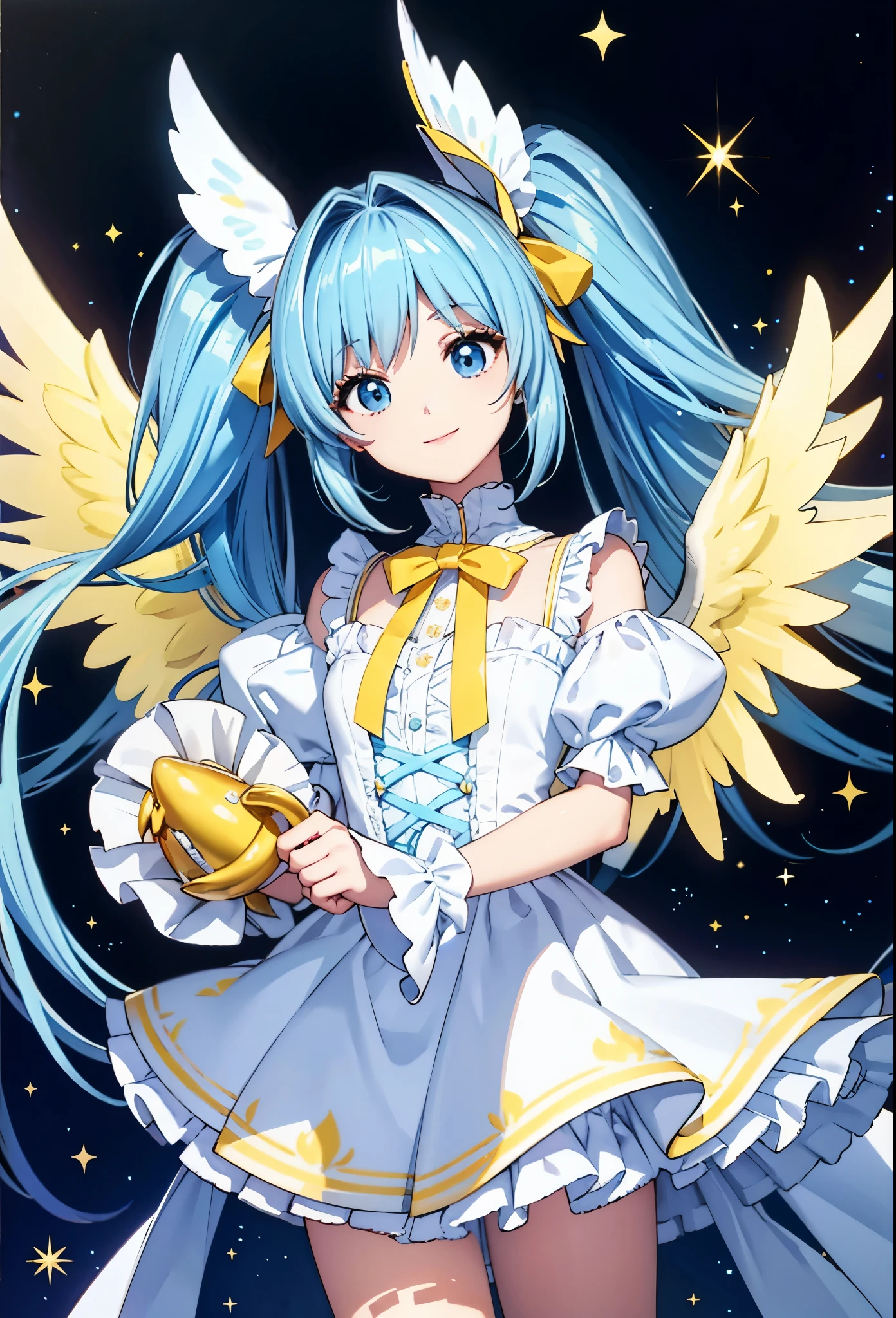 Big big wings of colorful glowing angel、pretty girl、adorable smile、light blue long hair、twin tails、Colorful angel costume in white and yellow ta style with lots of frills、((highest quality))、((masterpiece))、(very detailed、most detailed、beautiful beautiful:1.2)