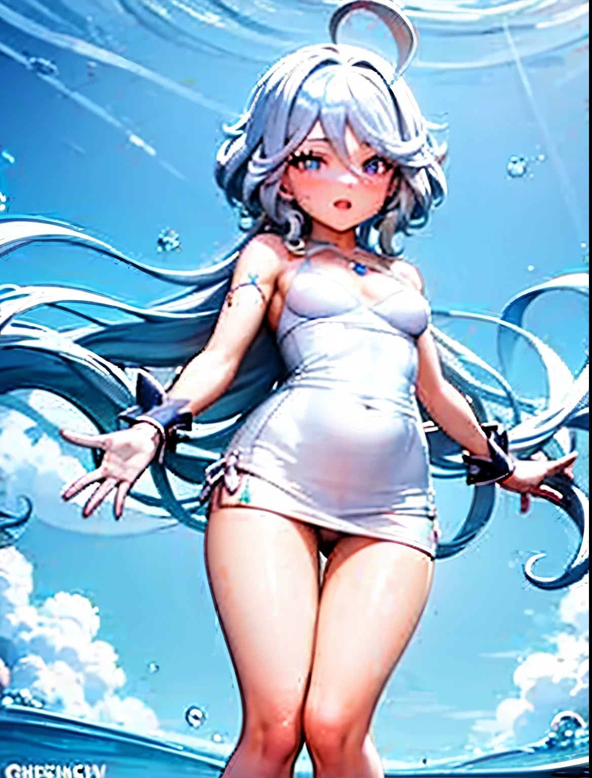 Anime girl in a white dress floating on blue water, Wallpaper Anime Blue Water, splash art anime change, water element, official artwork, Trending with Art Station Pixiv, I deny that matter, Ayaka Genshin impact, high detailed official artwork, Kushart Krenz Key Art Feminine, change, Google on pixiv artstation, water elemental