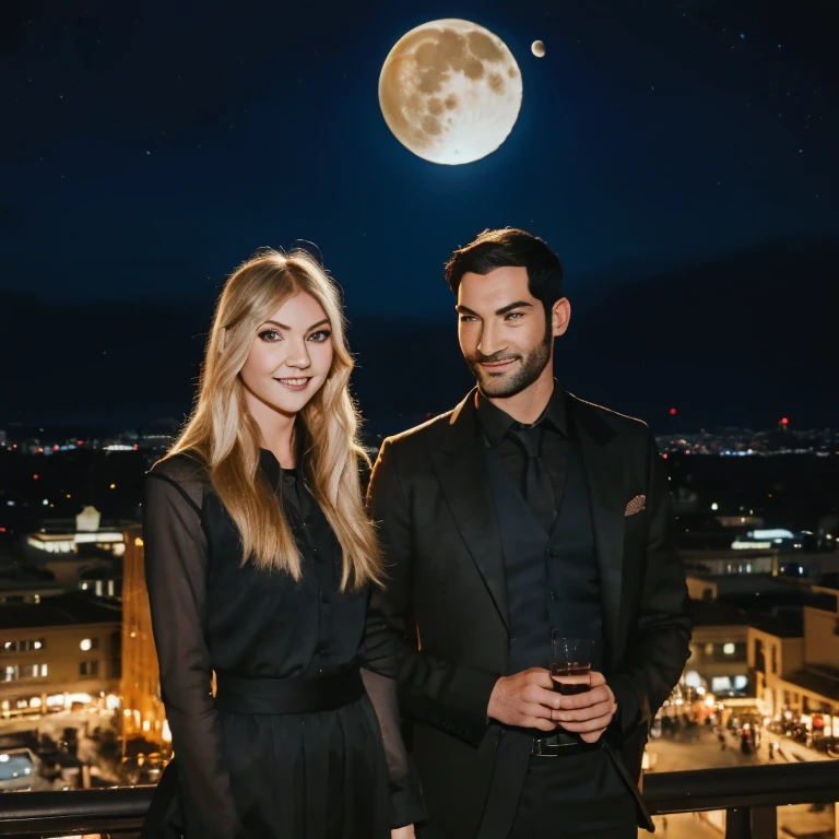 Tom Ellis and Taylor Momsen looking at eachother smiling calmly as they stand at the top of a rooftop building restaurant in Los Angeles at night, with the moon showing, as they look into each others eyes laying on the rooftop railing