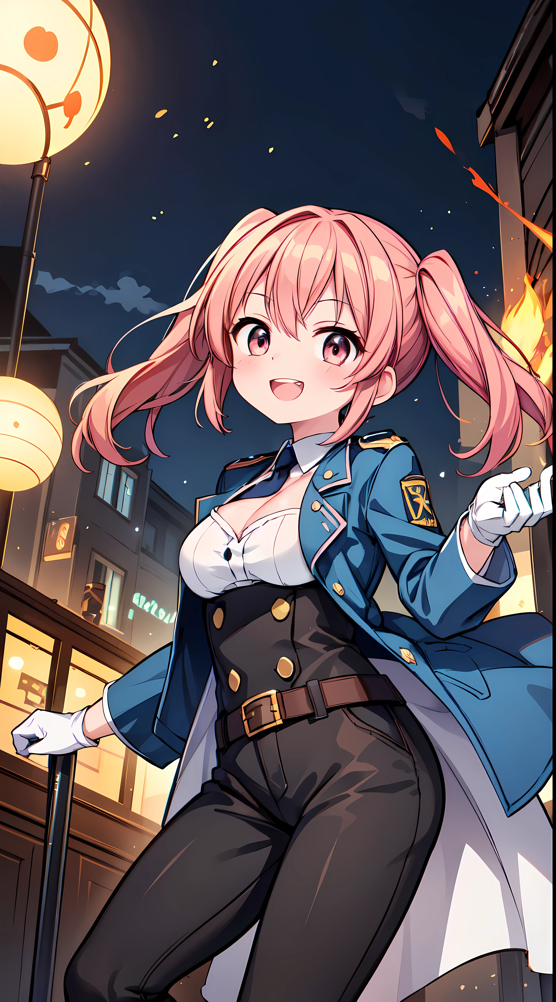 (masterpiece, highest quality, highest quality, official art, beautiful and aesthetic:1.2),super detailed,intricate details,great illustrations,award winning art,in the atmosphere,
break, break,
1 beautiful girl, alone,(cute:1.5),(Little:0.8), (cute:1.5),(upon:0.5),
break, (girl, cute, Hilarious, face, medium breasts:1.2),(pink hair,disheveled short twin tails,we say,gold eyes:1.2),glowing skin,beautiful skin, cleavage,beautiful , glowing skin,beautiful skin, beautiful skin,( laughter:1.5),(highest quality face),(highest qualityの輝く目),(最高のsmile,:d:1.45),
break,(roy mustang military uniform:1.3), black legwear,belt bag,(amestris military uniform, gloves, uniform, 白いgloves :1.2),tie,(lace up boots:1.1), army, army uniform, (coat:1.35),
break,(evening), fire-breathing, combustion,explosion, fire, burn, burn刀, Flame Weapon, grin and laugh, magic, pants, pyrokinesis,smile, alone,flower shop stall, outside the house, Amestris country,central,early modern europe buildings,classic car,waterfall,Depth of bounds written,
break,Seaweed,Seaweed,Seaweed,(dynamic Angle:1.4), Girls Focus,
break,(blurred background:1.3),(absurd, High resolution, Super detail Art),cel shading,clear color, lonely optical effect, beautiful pictures, bright shine, mysterious atmosphere,(Close-up of girl:1.1), mysterious light particle effect,Manga influence, beautiful line drawing,