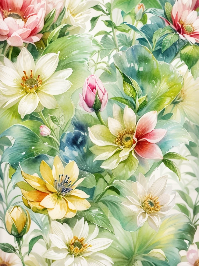 一幅floral watercolor painting，Highlights the characteristics and beauty of Renaissance-style watercolor art。Artwork should capture the unique qualities of Renaissance watercolors，For example, the use of light and shadow、Detailed brushwork and rich color palette。The composition includes a variety of flowers，Each one is carefully rendered，to showcase their individual beauty and the work as a whole。Detailed background，Complements the flowers，But not overwhelming the flowers。Focus on expressing the grace and delicacy of flowers, (floral watercolor painting:1.5)