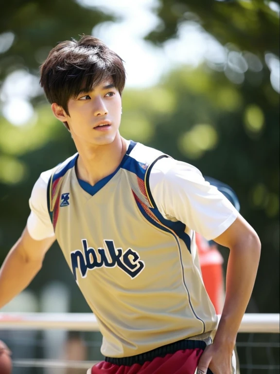 male college student，Hair color dark brown，shortcut，Bright personality，positive，Athletic Association，shorts，popular person，masterpiece，cool，live-action，The most handsome man，a little wild，basketballユニフォーム，basketball，tall，muscular，basketball選手，Japanese，double eyelid，The coolest handsome guy，tallのJapanese，serious expression，190cm，Make your hair stand up a little with hair wax