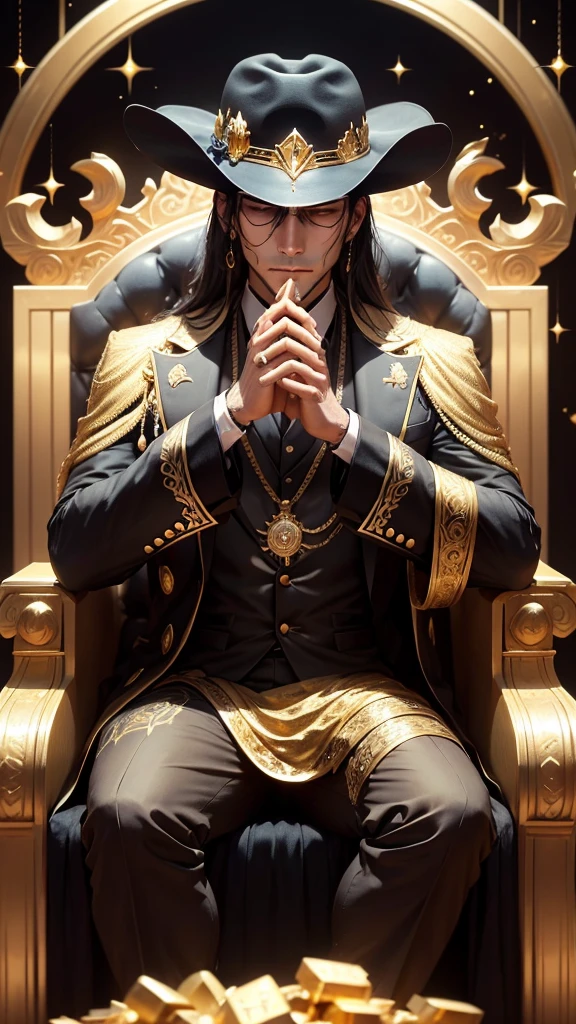 Taurus，A man in a black suit and hat wears gold jewelry all over his body. He lowers his head and cannot see his face, sitting on a golden throne and standing on a pile of gold.，There are gold coins and treasures scattered all around.，The environment is magical，Glittery around