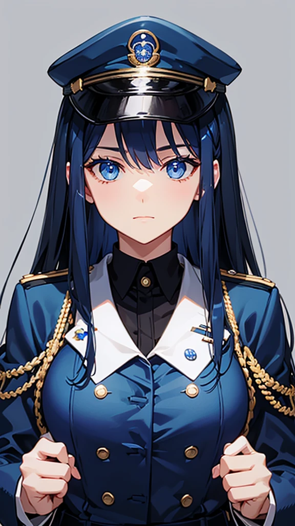blue eyes, dark blue hair, blue millitary uniform, blue millitary hat