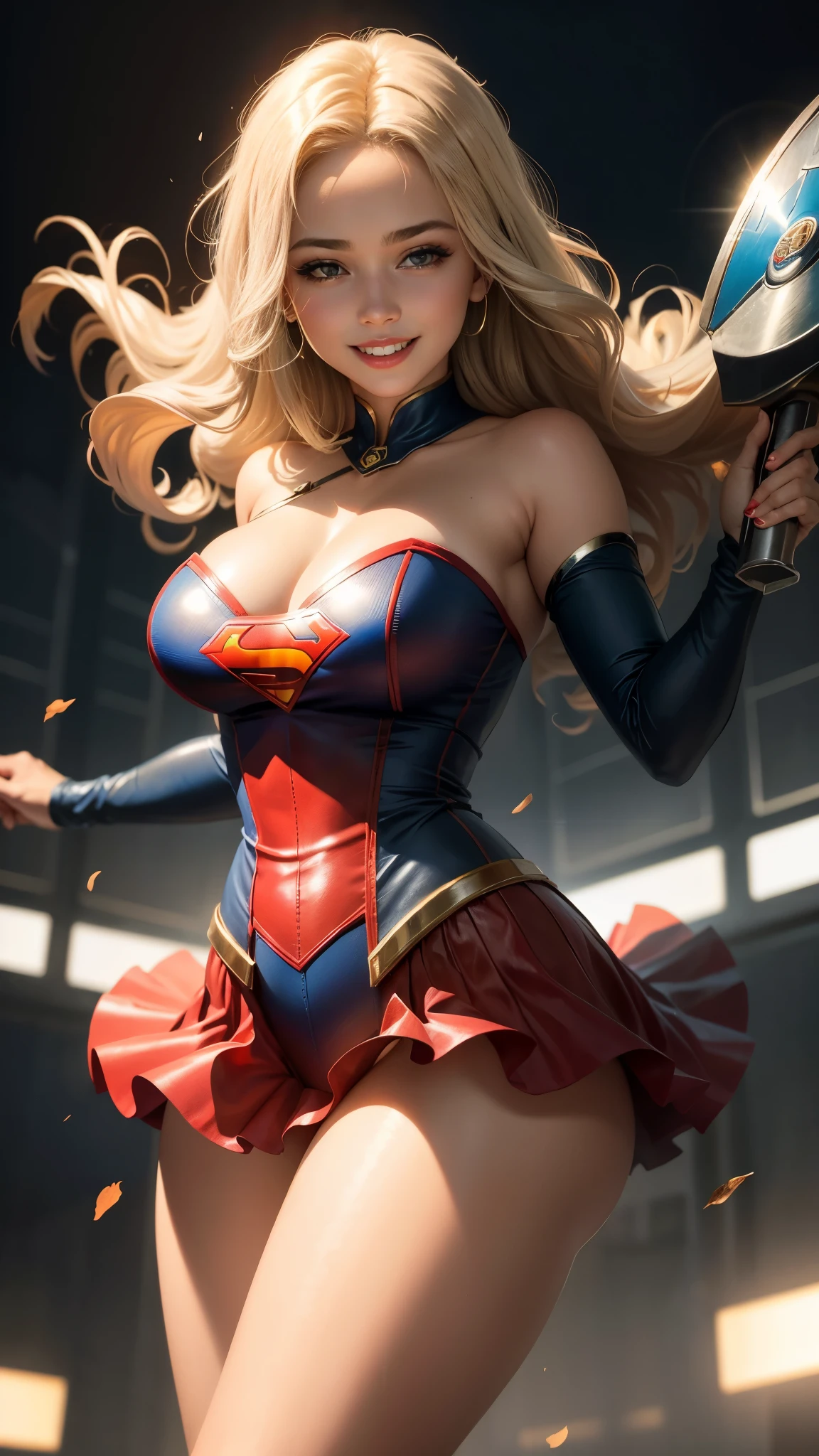 Supergirl, 18 anos, Mulher bonita cabelo loiro curto,corpo definido, (BBW), seios grandes, seios grandes, seios grandes,Red lipstick,sorrindo levemente,hands free,Desfilando, vestindo Corselet azul com liga Supergirl,calcinha fio dental vermelha,7/8 meia bege transparente,sem cabo, clube de strip, dance pole,