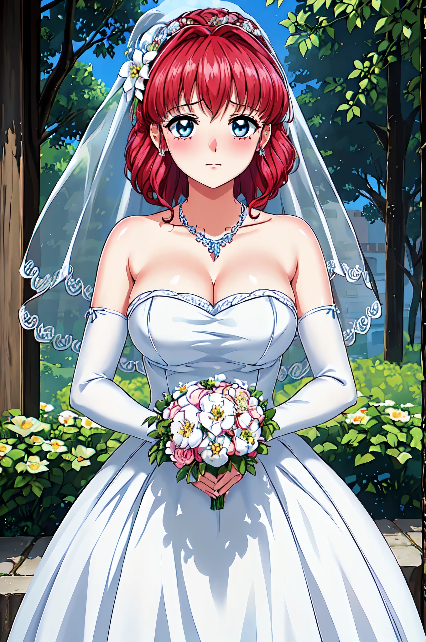 
Red hair,blue eyes, Bangs,Double tail, Headband, 
 Close-up of beautiful bride wearing beautiful wedding dress,Gurwitz,(bridal veil:1.5），（Transparent short veil：1.5），Blushing face，Head flower，headgear，（tube top wedding dress：1.5），（Silk dress：1.2）,（Strapless wedding dress：1.5）,pure white dress，necklace，earrings，(large breasts:1.3)，Deep V peach heart collar wedding dress，Bangs，lipstick，（lace gloves：1.3）,whole body照,High detail RAW color art,Long white dress，whole body，Place your hands behind your back，