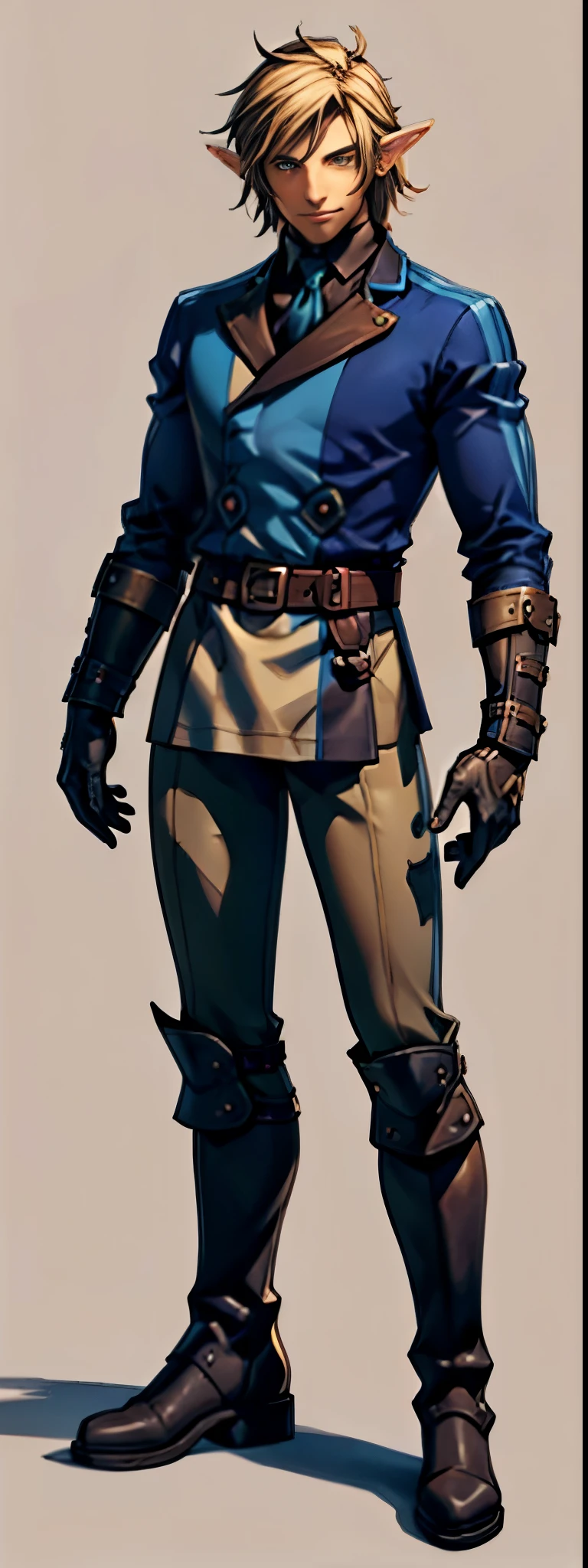 high detailed half-elf male, elf, brown_hair messy_hair smiling_face, green_eyes, scar_across_eye, pointed_ears, tan, armor breastplate blue_cape, leather_gloves, belt, belt_pounch, sheath, paladin knight, simple_background, male_focus cowboy_shot solo, final fantasy tactics, jrpg, demacia, vox machina style,link,mature,knight,strong,warrior,royal,uniform,detailed,shaded, beautiful,king, (knee-high boots),(character design)