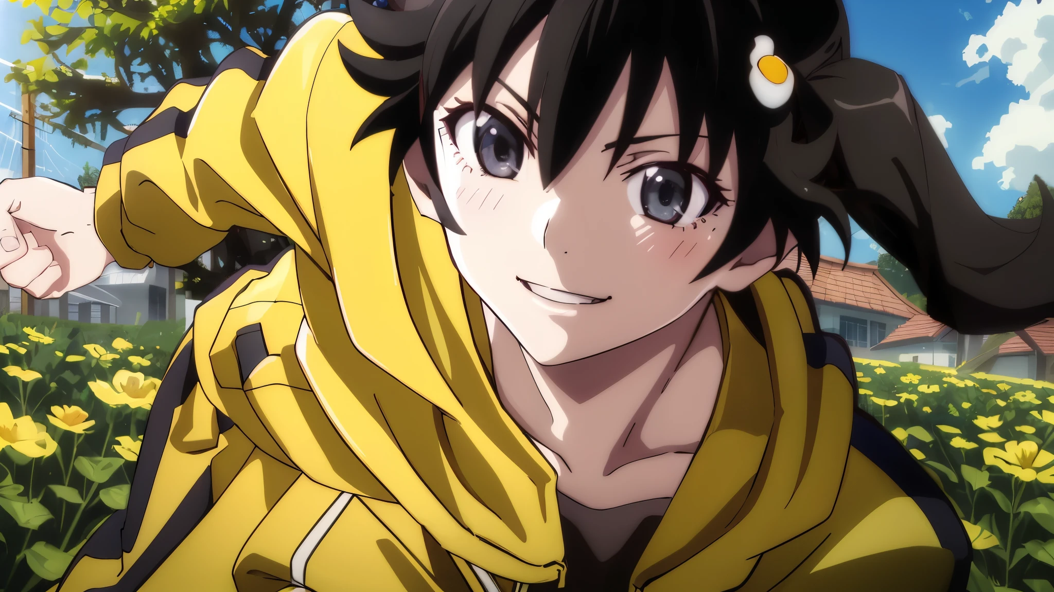 masterpiece, highest quality, ultra high resolution, highest quality, anime style, best writing, beautiful face, 1 girl, alone,  Ren Araki, long hair,  Ahoge, (yellow tracksuit:1.3), Front opening, Yellow pants,  shorts, black tank top, (Egg garnish:1.3), garden, flowers, wood,  close your face, smile, morning, jumping knee strike