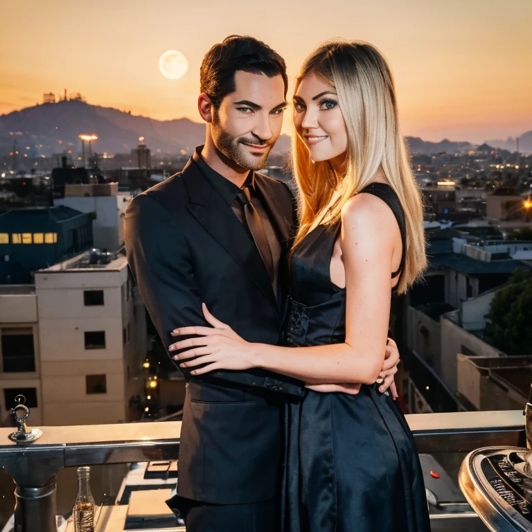 Tom Ellis and Taylor Momsen looking at eachother smiling calmly as they stand at the top of a rooftop building restaurant in Los Angeles at night, with the moon showing, as they look into each others eyes laying on the rooftop railing. Taylor Momsen is wearing a goth punk dress with her shoulders showing