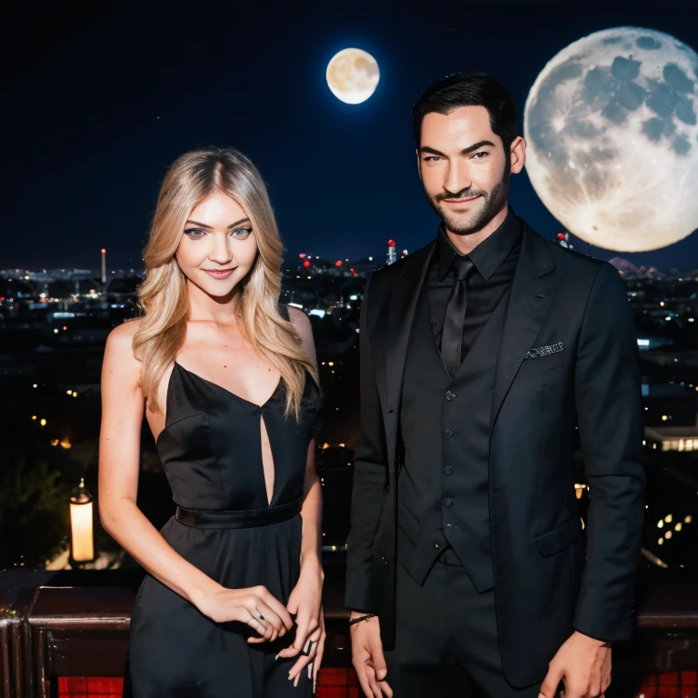 Tom Ellis and Taylor Momsen looking at eachother smiling calmly as they stand at the top of a rooftop building restaurant in Los Angeles at night, with the moon showing, as they look into each others eyes laying on the rooftop railing. Taylor Momsen is wearing a goth punk dress with her shoulders showing