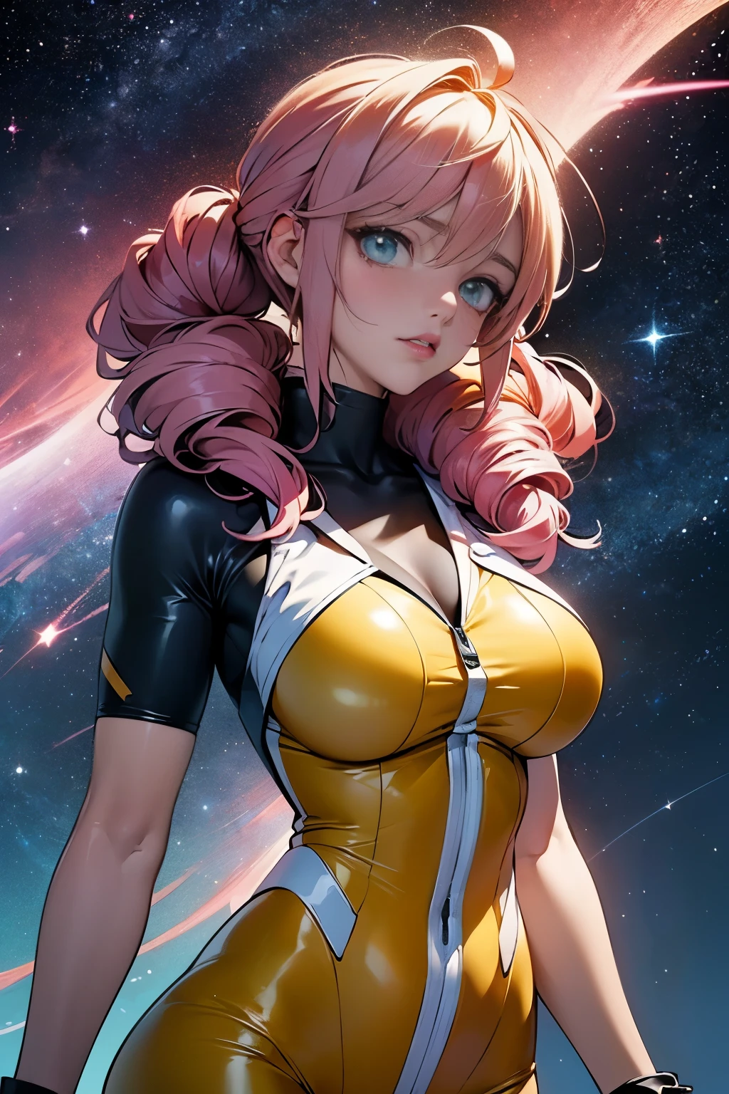 (masterpiece, top quality), (medium),official art, beautiful and aesthetic:1.2),(feldt:1.3), (fractal art:1.3),upper body, gundam00, pink hair, yellow bodysuit, from side, (slendered abs:1.2), looking at viewer,(((starry sky))), stars in the background, purple shoulders,((black gloves)),((gigantic breasts:1.5)), (drill hair buns),((ultra detail eyes:1.5)),((extremely detailed CG unity 8k wallpaper,masterpiece, best quality)), ((ultra-detailed:1.5)),(best illumination, best shadow, an extremely delicate and beautiful),(extremely detailed CG unity 8k wallpaper,masterpiece, best quality, ultra-detailed),(best illumination, short hair, best shadow, an extremely delicate and beautiful),(perfect body: 1.5),(masterpiece), digital art, otherworldly, a burst of color, explosive energy, chaotic beauty, (hair flowing:1.2, hair glowing), (background: broken, shattered, fractured), (light: flickering, pulsating, radiating).