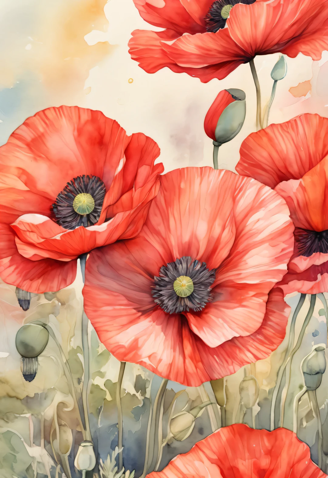 watercolor painting,beautiful poppy flower, halo, Works by Sydney illustrator Seth Daniels, Red, movie poster, Bold graphic design elements, close up, Decorative Arts