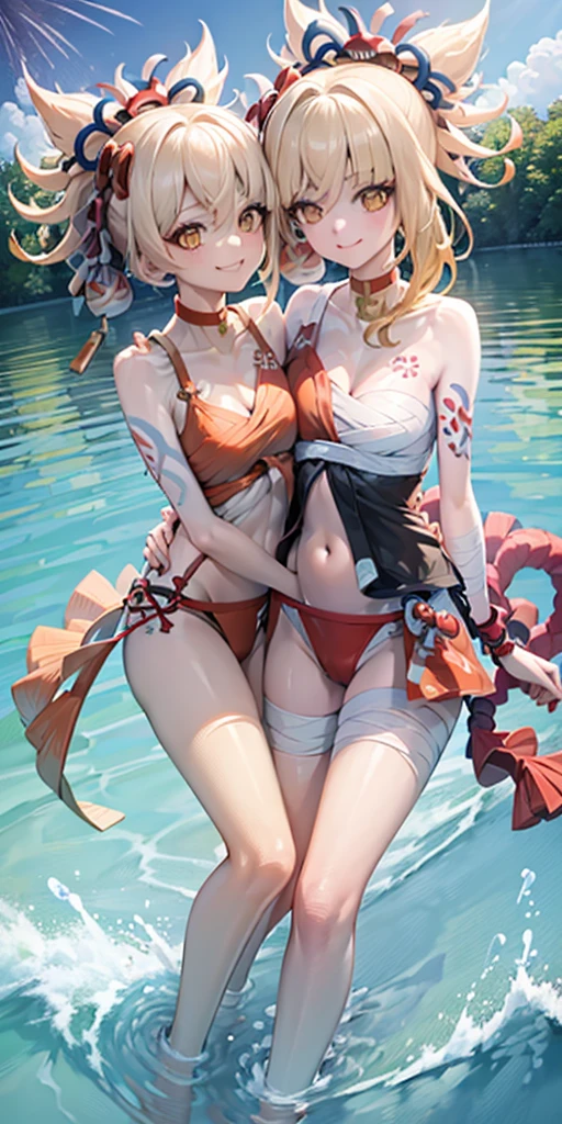 2 girls of the same height smiling in the water，No teeth exposed. Female twins， bright colors，natural lighting, best quality, Chest to chest, hug each other with your arms&#39;waist, sunny masterpiece, Navel exposed, blush, Navel exposed, swimsuit, full, super, Next to each other, The breasts are close to each other, slim 2 girls
