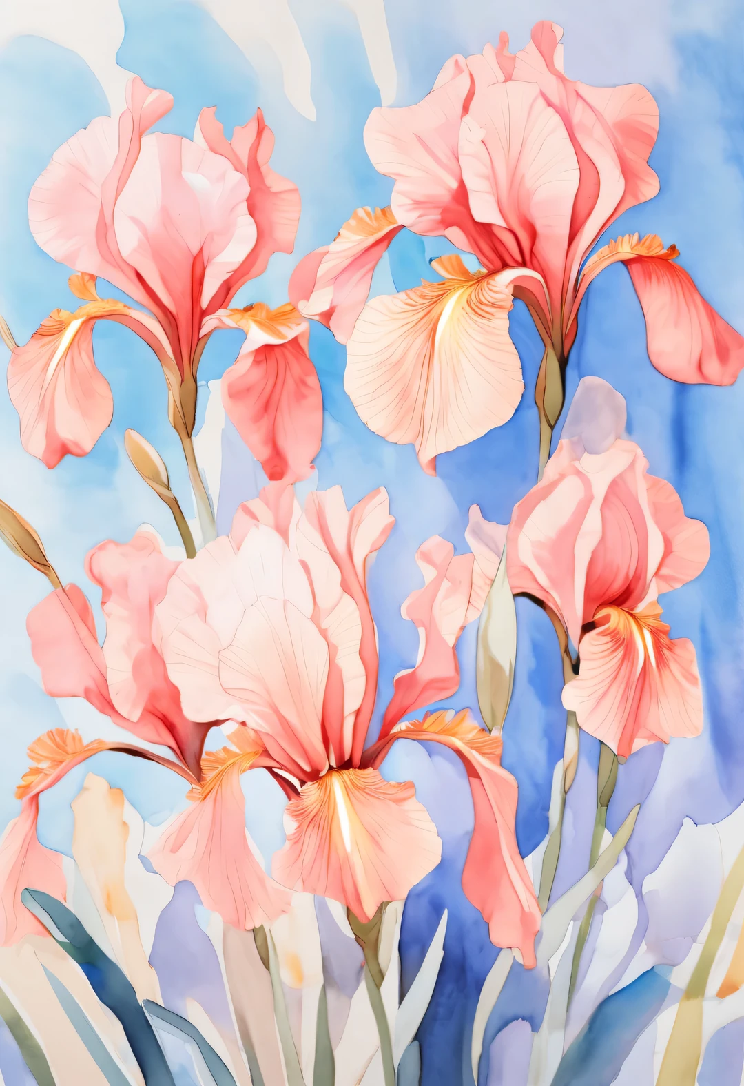 watercolor painting,beautiful iris flower, The contour is sharp, Works by Sydney illustrator Seth Daniels, Light red and light blue styles, movie poster, Bold graphic design elements, close up, Decorative Arts,