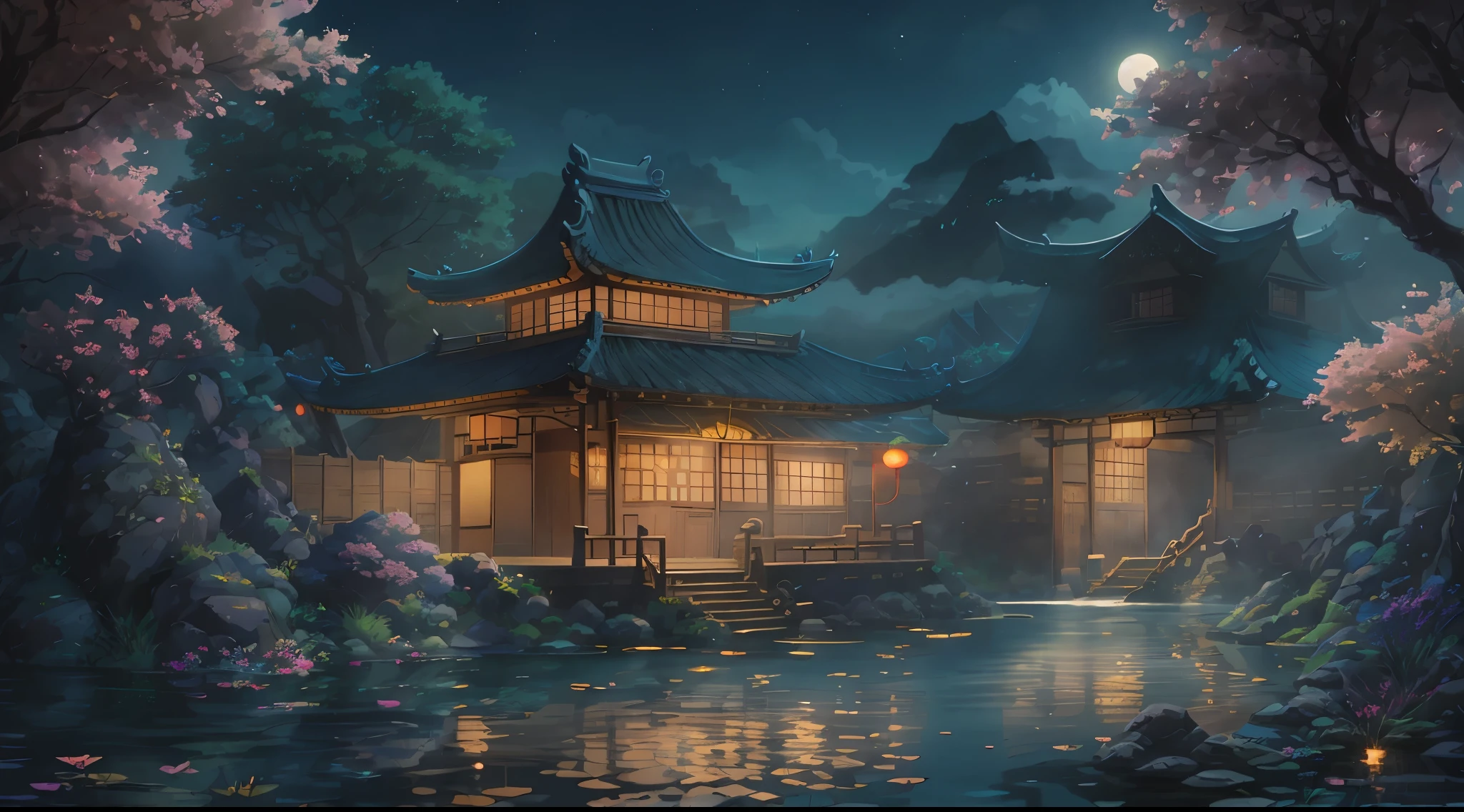 16:9 Full picture，Chinese Ancient Architecture、Hazy moon、the night、trpical garden、bamboos、lakes、stone、Rockery、archs、nooks、Rockery、The tree、flowingwater、scenecy、exteriors、waterfallr、grassy fields、Rochas、water lilies、hot onsen、vapour、（illustratio：1.0）、Epic composition、Detail enhancement，Detail enhancement。Realistic lighting、high definition detail、tmasterpiece、The best quality，（Very detailed CG unified 16k wallpaper），（The best quality）