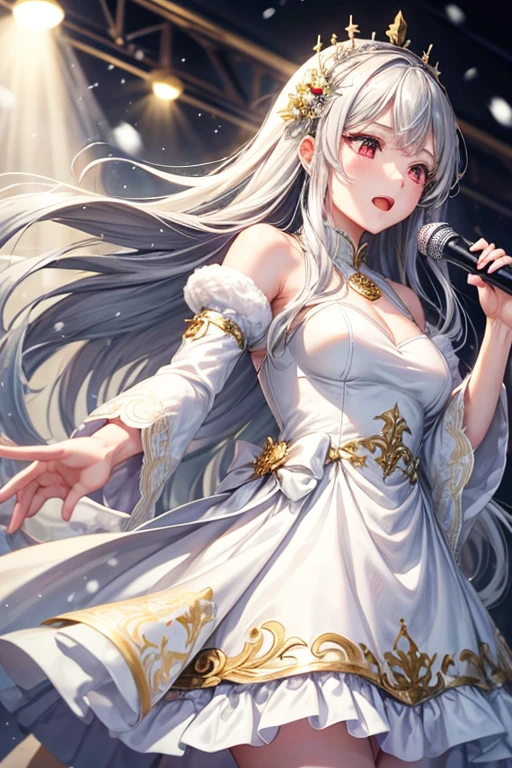 Queen、gray hair、white dress、gold decoration、red eyes、in the snow、sing a song、stand microphone