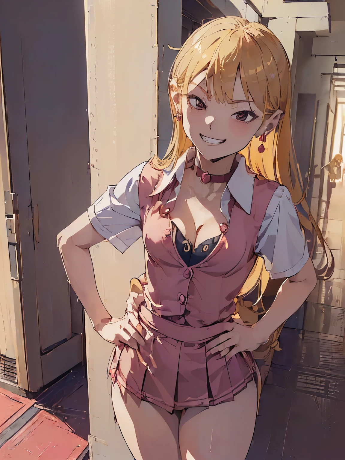 (((masterpiece))) ((( background : school theme : school hallway) ((( character : chu: a girl bully : fit body : small breast : long smooth blonde hair : school  uniform : earrings :  menacing sinister grin : cleavage : hands on hip  : )