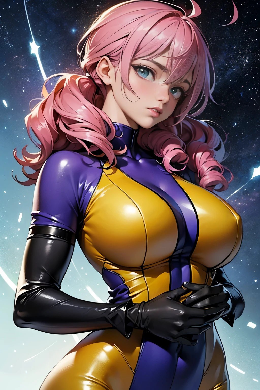 (masterpiece, top quality), (medium),official art, beautiful and aesthetic:1.2),(feldt:1.3), (fractal art:1.3),upper body, gundam00, pink hair, yellow bodysuit, from side, (slendered abs:1.2), looking at viewer,(((starry sky))), stars in the background, purple shoulders,((black gloves)),((gigantic breasts:1.5)), (drill hair buns),((ultra detail eyes:1.5)),((extremely detailed CG unity 8k wallpaper,masterpiece, best quality)), ((ultra-detailed:1.5)),(best illumination, best shadow, an extremely delicate and beautiful),(extremely detailed CG unity 8k wallpaper,masterpiece, best quality, ultra-detailed),(best illumination, short hair, best shadow, an extremely delicate and beautiful),(perfect body: 1.5),(masterpiece), digital art, otherworldly, a burst of color, explosive energy, chaotic beauty, (hair flowing:1.2, hair glowing), (background: broken, shattered, fractured), (light: flickering, pulsating, radiating).