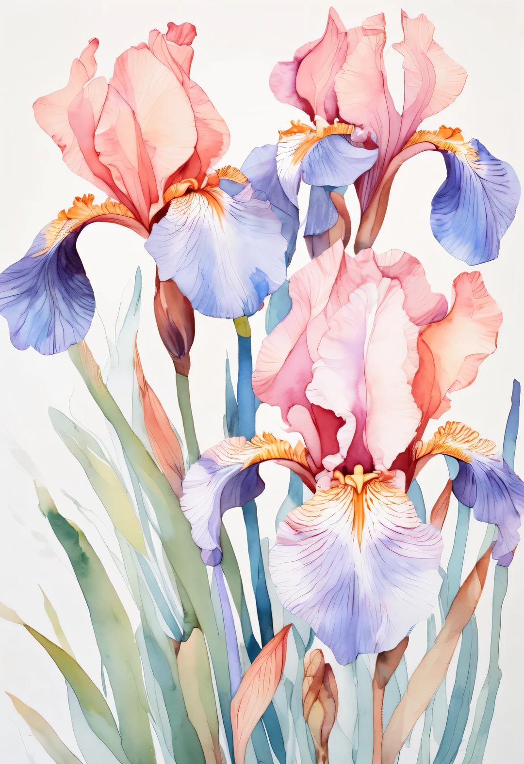 watercolor painting，beautiful iris flower, The contour is sharp, Works by Sydney illustrator Seth Daniels, Light red and light blue styles, movie poster, Bold graphic design elements, close up, Decorative Arts，