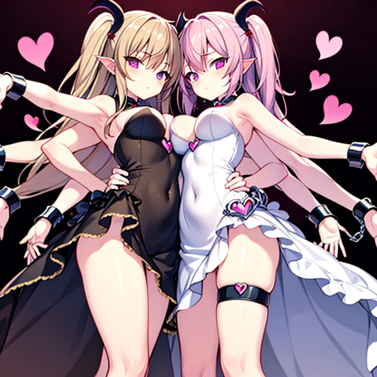 Succubus Pose with your hands on your chest I'm handcuffed I have handcuffs on my legs too.......... A dress filled with hearts Pink heart symbol seductive body attractive appearance heart background dark background Eroi body kiss face cute face age girl angle from below big and full breasts Two heads in one body Has 4 arms Arm outstretched pose