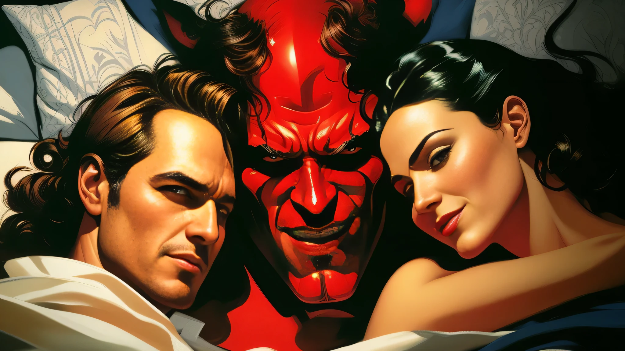 pintura de um homem e uma mulher na cama com um demônio na parede, por Jason Edmiston, Boris Vallejo e Ilya Kuvshinov, Estilo Alex Ross, Martin então, Alex Ross e Richard Corben, Martin então artwork portrait, Direção: Alex Ross, Estilo de Alex Ross, Lee Bermejo e Darwyn Cooke