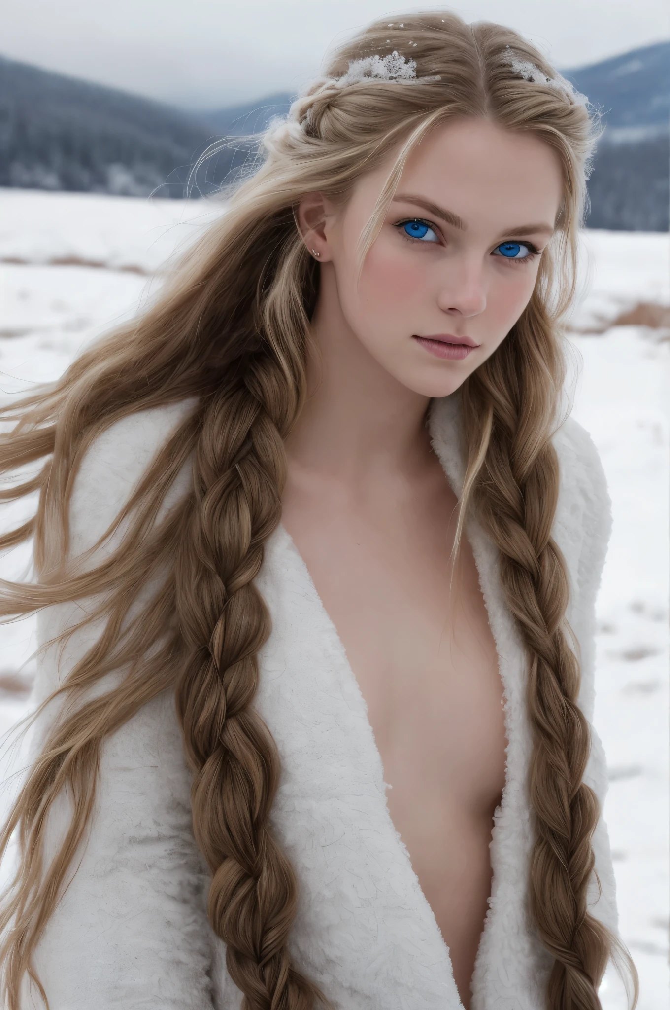 (Realistic:1.2), Analog Photography Style, Scandinavian warrior woman, fantastic snowy setting, braided blonde hair, whole body, Soft natural light, Cute and sexy, Pleasure, detailed face and blue eyes, Great quality, masterpiece, detailed northern background, Quality: 16K, raw photo