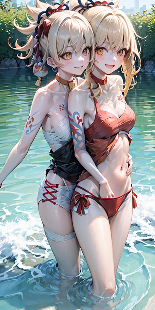 2 girls of the same height smiling in the water,No teeth exposed. Female twins, bright colors,natural lighting, best quality, Chest to chest, hug each other with your arms'waist, sunny masterpiece, Navel exposed, blush, Navel exposed, swimsuit, full, super, Next to each other, The breasts are close to each other, slim 2 girls