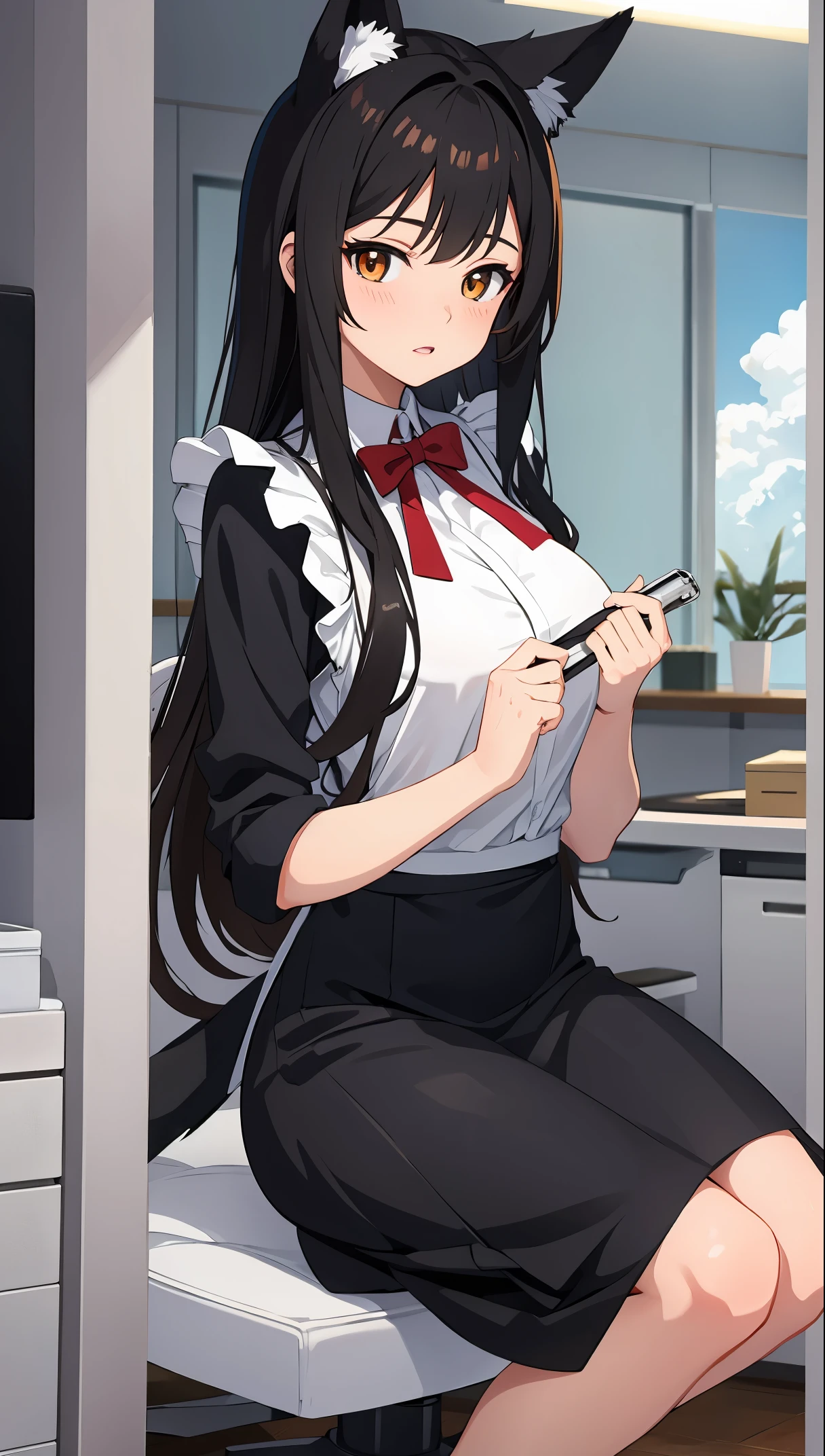 a foxgirl with dark hair wearing strict white maid uniform in office room, anime-styled