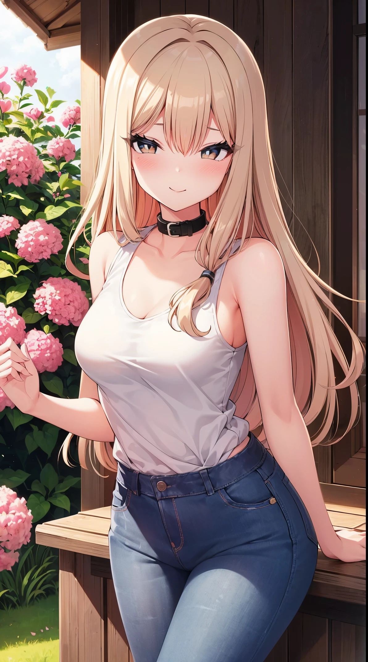 (best quality,4K,high resolution,masterpiece:1.2),Super detailed, Outdoor scene with 1girl, blonde hair, Long curly hair, gray eyes, and medium breasts. The girl in the white jacket, collar, tank top and jeans. The scene is set in a beautiful garden，flowers bloom，The grass is luxuriant. The sun casts a warm glow on the girl&#39;s face，Illuminates the surroundings. Bright colors，Rich texture, Create visually stunning images, (seduct smile), looking at the audience