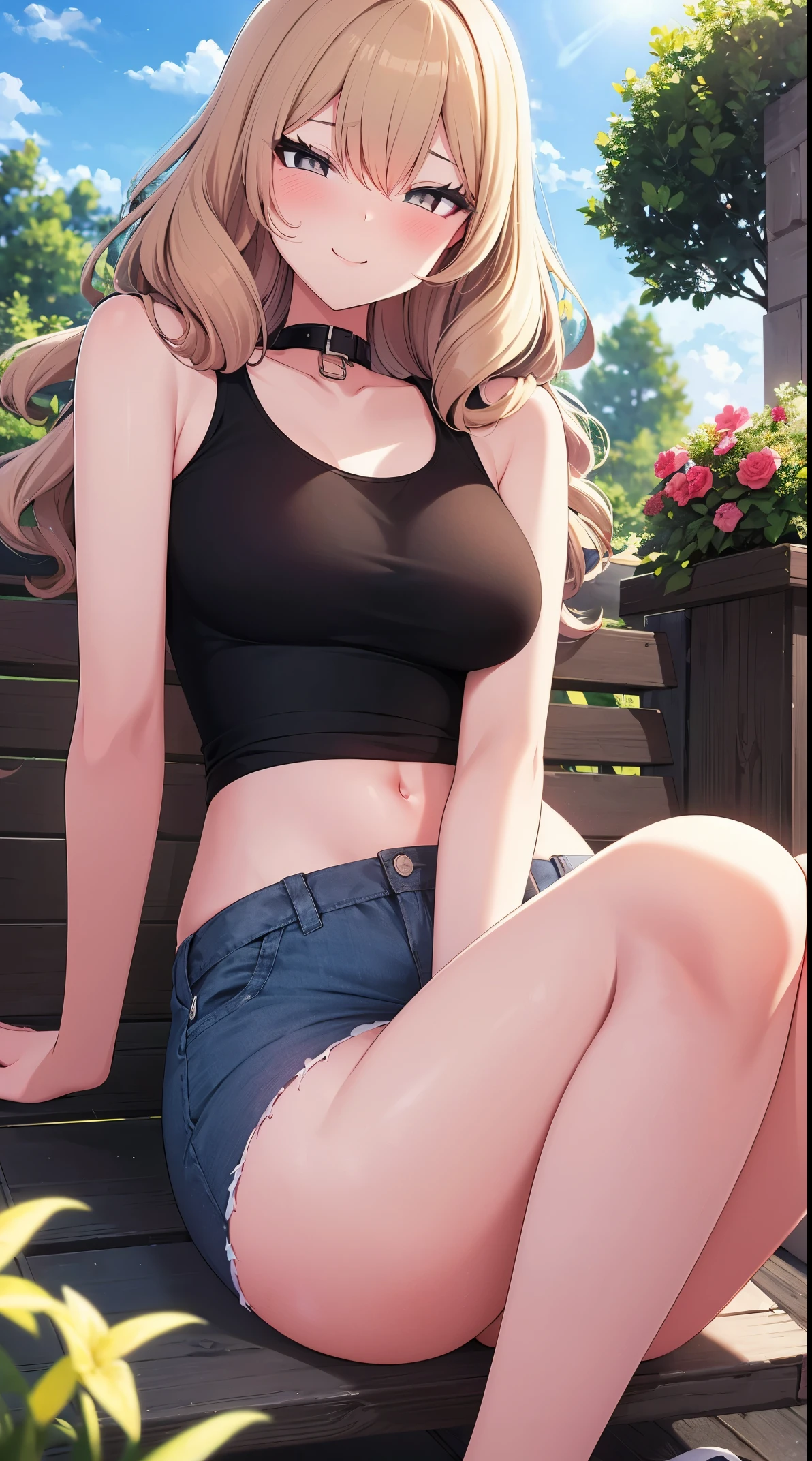 (best quality,4K,high resolution,masterpiece:1.2),Super detailed, Outdoor scene with 1girl, blonde hair, Long curly hair, gray eyes, and medium breasts. The girl in the white jacket, collar, tank top and jeans. The scene is set in a beautiful garden，flowers bloom，The grass is luxuriant. The sun casts a warm glow on the girl&#39;s face，Illuminates the surroundings. Bright colors，Rich texture, Create visually stunning images, (seduct smile), looking at the audience